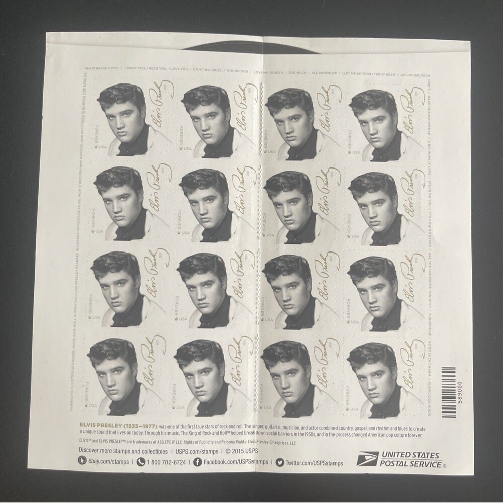 2015 Elvis Presley US Forever Stamp, Full Sheet 16 Stamps